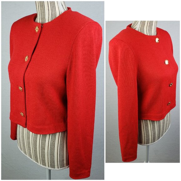 ST. JOHN Blazer Jacket Santana Knit Red Gold Buttons size 6 Classic Preppy - Picture 6 of 14
